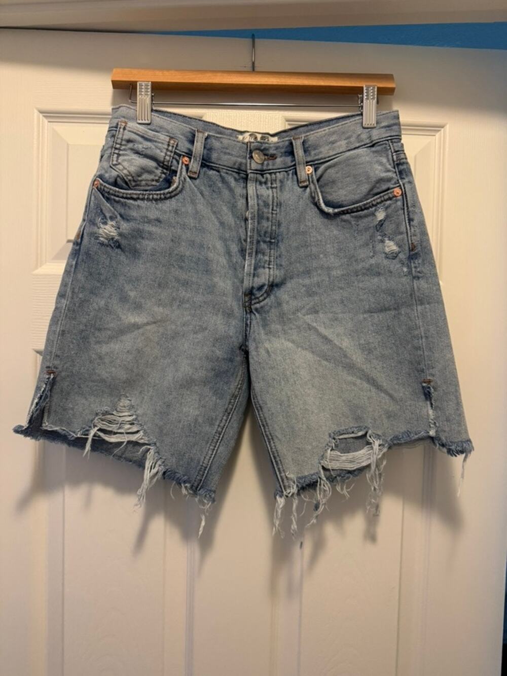 We The Free People Denim Shorts Women's 25 Light Wash Distressed Frayed Cutoff